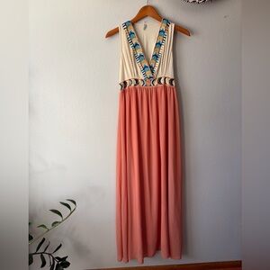 Mint Celestial Embroidered Boho Maxi Dress in Coral & Cream Women’s Large